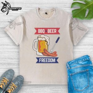 Alt Text: Official BBQ and Beer Freedom Washed T-Shirt featuring a relaxed fit and vintage design for casual summer outings.