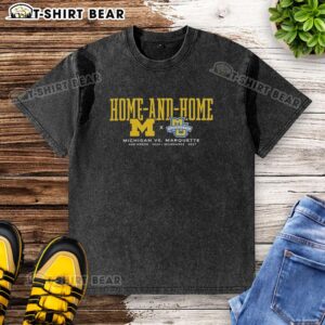 Nice Michigan Wolverines vs Marquette Golden Eagles home-and-home t-shirt featuring Ann Arbor 2026 and Milwaukee 2027.