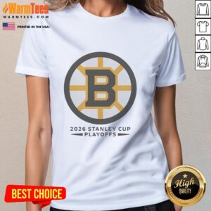 Top Boston Bruins ice hockey NHL Stanley Cup Playoffs big logo on a stylish ladies tee for fans.