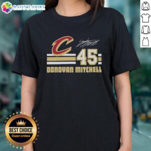 Alt Text: Official Donovan Mitchell Cleveland Cavaliers signature ladies tee featuring name and number design for fans.