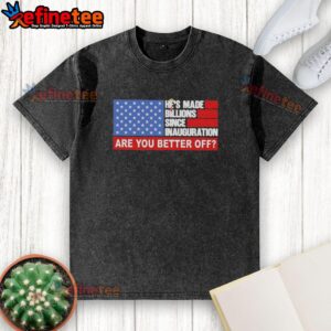 Alt Text: Pretty Trump hair on a man wearing a patriotic washed t-shirt, questioning if Americans are better off post-inauguration.