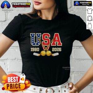 Official 1980 and 2026 Hockey Vintage USA Champions Ladies Tee showcasing patriotic design and classic style.