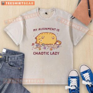 Alt Text: Cute chaotic lazy cat graphic on a washed T-shirt, perfect for casual wear and cat lovers.