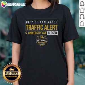 Alt Text: Good Michigan Wolverines MBB 2026 National Champions Ladies Tee on South University Ave, celebrating victory.
