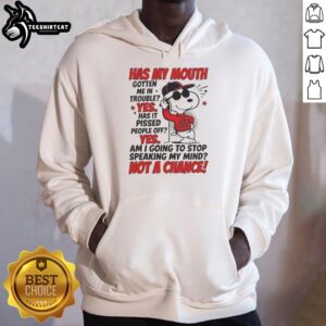 Alt Text: Snoopy in a red hoodie with Joe Cool text, humorously reflecting on getting into trouble with his mouth.