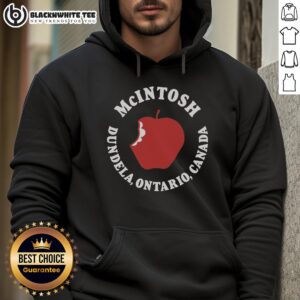 Awesome McIntosh Apple hoodie showcasing vibrant design inspired by Dundela, Ontario, Canada.