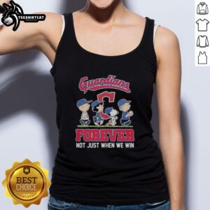 Alt Text: Cute Peanuts characters on a Cleveland Guardians MLB tank top, celebrating fandom with 'Forever Not Just When We Win' design.