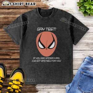 Funny washed t-shirt with 'Good Gay Test: If You See Spider-Man, I've Got Bad News for You' humor design.