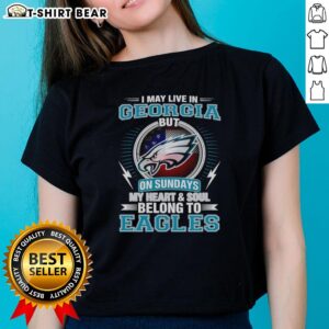 Official Philadelphia Eagles ladies tee: 'I May Live In Georgia But My Heart Belongs To Eagles' graphic shirt.