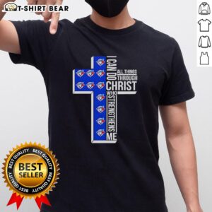 Alt Text: Pretty Toronto Blue Jays Cross T-Shirt featuring 'I Can Do All Things Through Christ Who Strengthens Me' logo.