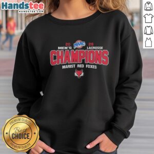 Official NCAA Marist Red Foxes 2026 MAAC Men's Lacrosse Tournament Champions Sweatshirt in red with team logo.