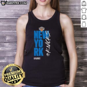 Official New York Knicks playoff basketball logo tank top featuring vibrant team colors and iconic emblem design.