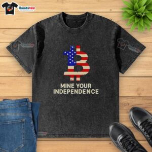 Original Mine Your Independence Bitcoin T-Shirt featuring an American flag design, perfect for crypto enthusiasts.