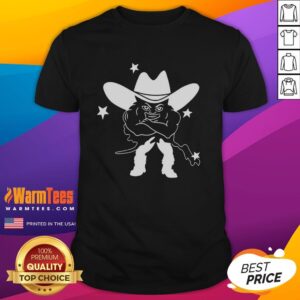 Alt Text: Medium build man wearing a quirky cowboy T-shirt, showcasing a unique design and fun style for casual outings.