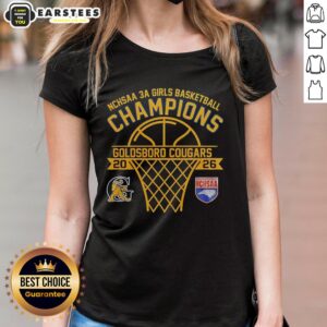 Alt Text: Awesome Goldsboro Cougars NCHSAA 3A Girls Basketball Champions ladies tee shirt design featuring team colors and logo.