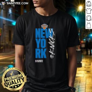 Alt Text: Official New York Knicks Playoff Basketball Logo T-Shirt featuring vibrant team colors and iconic logo design.