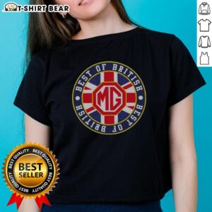 Top MG car badge logo on a stylish Best of British ladies tee, showcasing British automotive heritage.