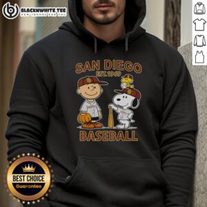 Alt Text: Good Charlie Brown, Snoopy, and Woodstock in Diego Padres baseball jersey hoodie, Est. 1969, perfect for fans!