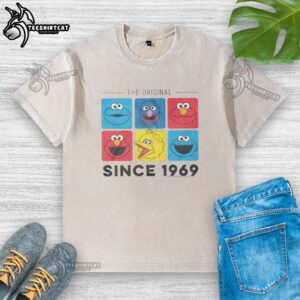 Nice Sesame Street The Original Characters Since 1969 washed t-shirt featuring classic beloved characters in vibrant colors.