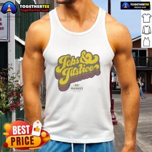 Good Jobs and Justice logo tank top featuring bold design promoting fair employment and social justice.