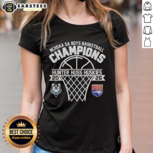 Alt Text: Awesome Hunter Huss Huskies NCHSAA 5A Boys Basketball Champions 2026 Ladies Tee showcasing team pride and victory.