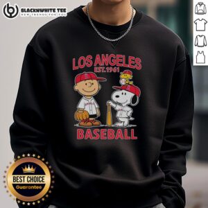 Good Charlie Brown, Snoopy, and Woodstock wearing Los Angeles Angels baseball jersey sweatshirt, est. 1961.