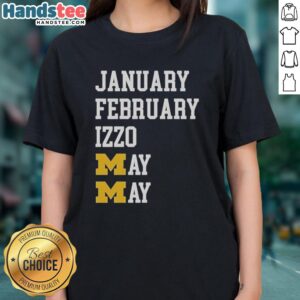 Premium Michigan Wolverines January February Izzo May Ladies Tee featuring vibrant team colors and stylish design.