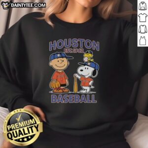 Alt Text: Charlie Brown, Snoopy, and Woodstock wearing Houston Astros baseball jersey sweatshirt est. 1962, fun cartoon design.