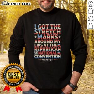 Person wearing a 'MAGA Sweatshirt' with stretch marks around lips at the 2024 Republican National Convention.