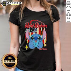 Alt Text: Cute Stitch-like red robin design on a USA flag ladies tee, perfect for patriotic fashion lovers.