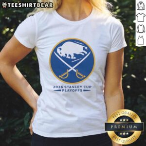 Official Buffalo Sabres Ice Hockey NHL Stanley Cup Playoffs big logo ladies tee in vibrant team colors.