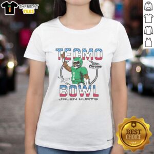 Alt Text: Pretty Tecmo Bowl X Topps Chrome Eagles Jalen Hurts Ladies Tee showcasing vibrant design and team spirit.