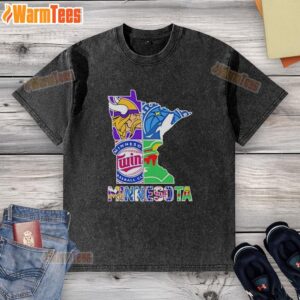 Hot Minnesota sports teams graphic on a state washed t-shirt, perfect for fans showcasing their team pride.
