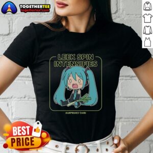Surprised Chibi Miku on a ladies tee, showcasing a top leek spin intensifies design, perfect for anime fans.