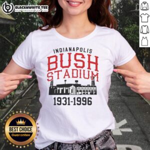 Alt Text: Top-The-Bush Stadium years 1931-1996, Indianapolis Ladies Tee featuring vintage design and historical significance.