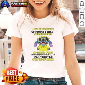 Awesome Stitch ladies tee featuring 'I Live On The Corner Of Funny Street And Silly Road In Crazy Town' design.