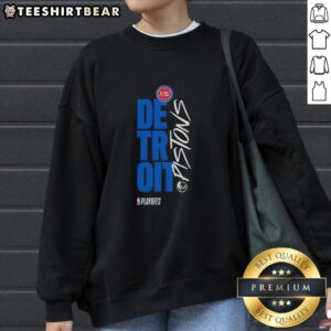 Alt Text: Stylish Detroit Pistons playoff basketball logo sweatshirt, perfect for fans showing team pride on game day.