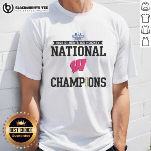 Alt Text: Wisconsin Badgers 2026 Men's Ice Hockey Frozen Four Champions T-Shirt, featuring team logo and celebratory design.