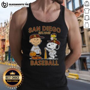 Good Charlie Brown, Snoopy, and Woodstock in Diego Padres baseball jersey tank top, est. 1969, colorful and fun design.