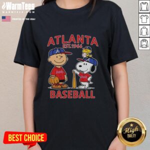 Alt Text: Cute Charlie Brown, Snoopy, and Woodstock in Atlanta Braves baseball jersey, Est. 1961, on a ladies' tee.