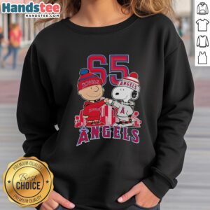 Alt Text: Cute Charlie Brown and Snoopy Los Angeles Angels 65th Anniversary sweatshirt featuring the city skyline, 1931-2026.