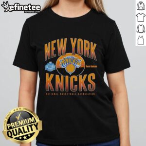 Alt Text: Official New York Knicks Throwback Black Boxy Ladies Tee featuring vintage logo design, perfect for fans and casual wear.