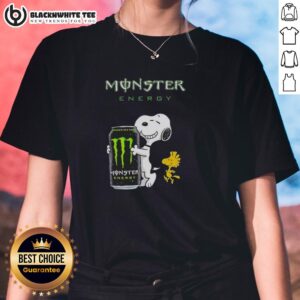 Nice Snoopy and Woodstock X Monster Energy ladies tee featuring vibrant graphics and a stylish design for casual wear.