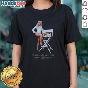 Sabrina Carpenter wearing a Man's Best Friend ladies tee, showcasing her casual style and love for pets.