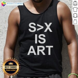 Stylish woman wearing a 'Hot Sex Is Art' tank top, showcasing bold typography and a trendy summer look.