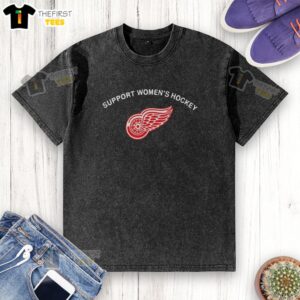 Official Detroit Red Wings logo on a women's washed t-shirt supporting women's hockey.