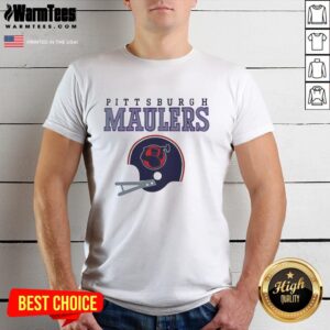 Alt Text: Original Pittsburgh Maulers USFL helmet and wordmark t-shirt showcasing team colors and logo design.
