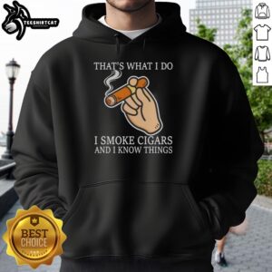 Alt Text: Stylish hoodie featuring the phrase Nice, That's What I Do: I Smoke Cigars and I Know Things for cigar enthusiasts.
