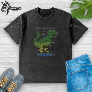 Stylish washed t-shirt featuring a colorful periodic table of dinosaurs design, perfect for dino enthusiasts.