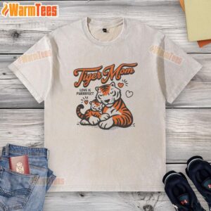Alt Text: Good Tiger Mom Love is Purrrfect washed t-shirt featuring a playful cat graphic, perfect for cat-loving moms.